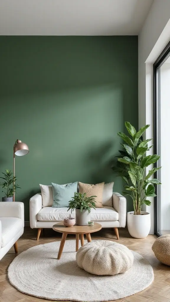 48 Green Walls Living Room Styles That Feel Fresh & Inviting - 4. Minimalist Green Accent Wall