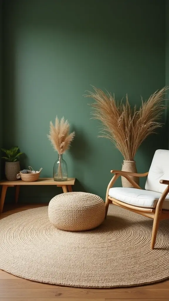 48 Green Walls Living Room Styles That Feel Fresh & Inviting - 41. Natural Fiber Rugs