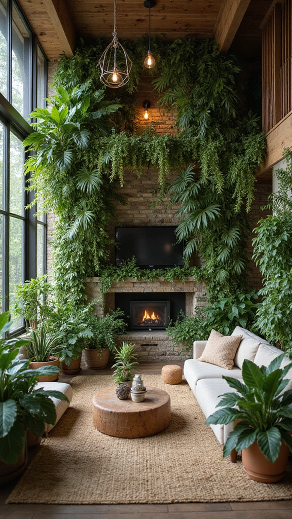 48 Green Walls Living Room Styles That Feel Fresh & Inviting - 5. Indoor Jungle Retreat