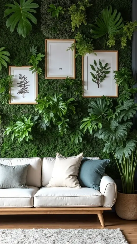 48 Green Walls Living Room Styles That Feel Fresh & Inviting - 6. Green Wall with Art Integration