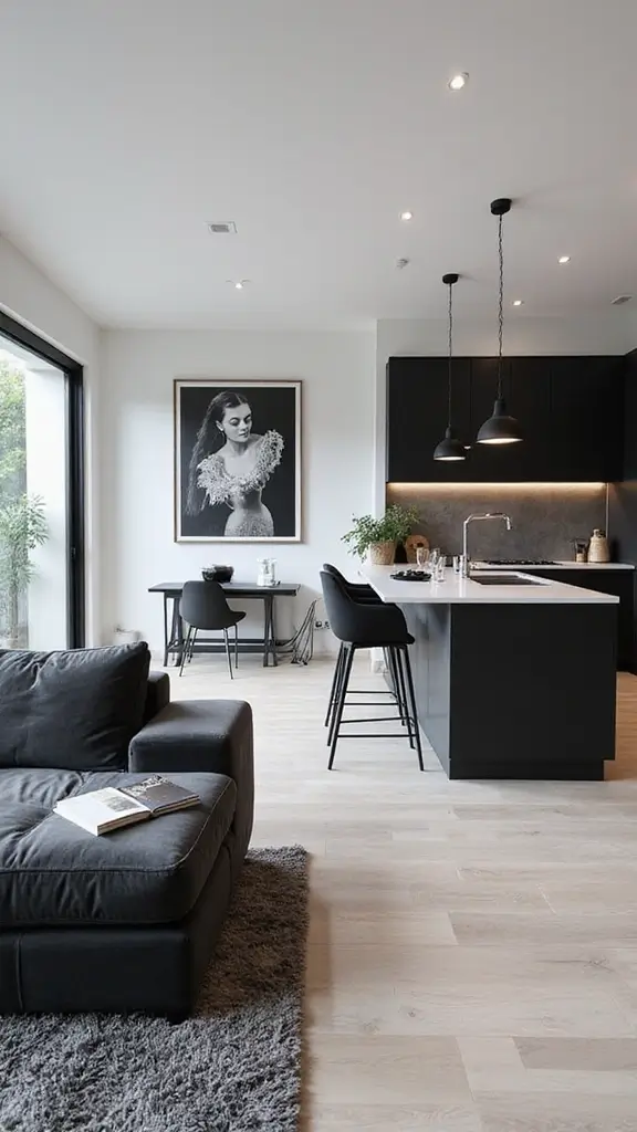 48 Home Decor Ideas Living Room and Kitchen Combos That Work - 12. Timeless Black and White