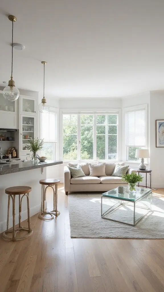 48 Home Decor Ideas Living Room and Kitchen Combos That Work - 16. Clear Glass Elements