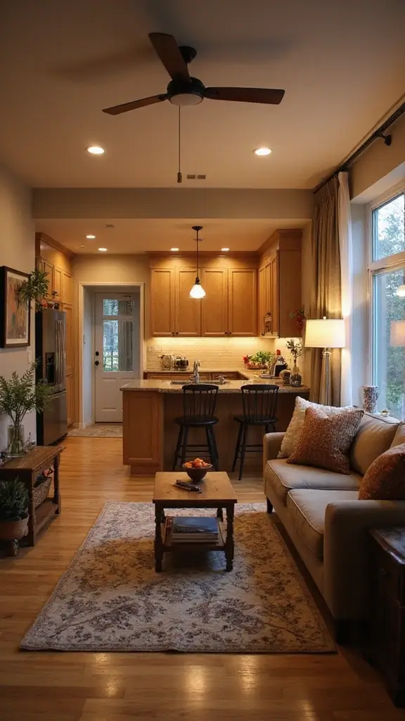 48 Home Decor Ideas Living Room and Kitchen Combos That Work - 21. Layered Lighting
