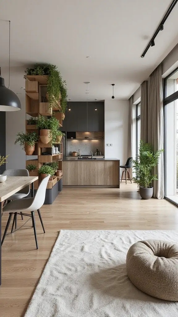 48 Home Decor Ideas Living Room and Kitchen Combos That Work - 27. Creative Use of Space Dividers