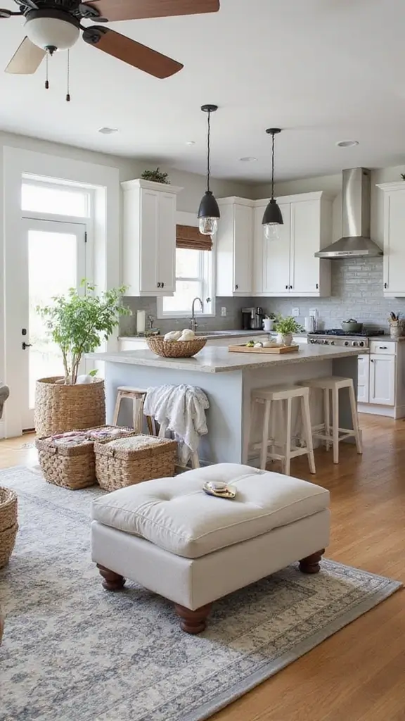 48 Home Decor Ideas Living Room and Kitchen Combos That Work - 31. Decorative Storage Solutions