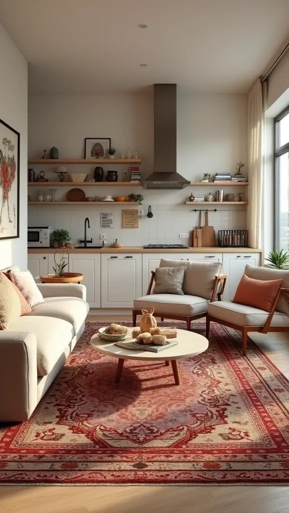 48 Home Decor Ideas Living Room and Kitchen Combos That Work - 36. Artistic Rugs