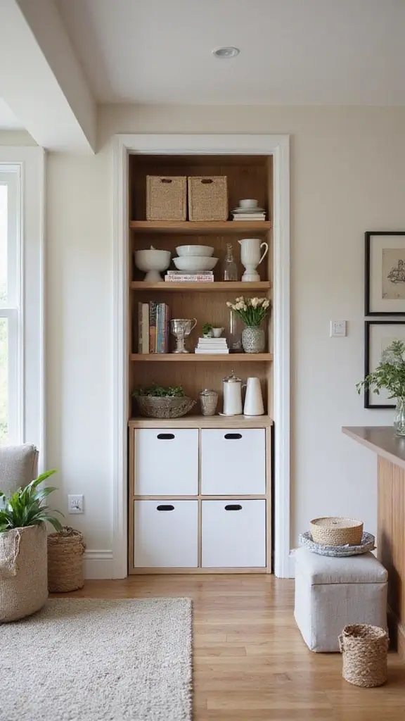 48 Home Decor Ideas Living Room and Kitchen Combos That Work - 37. Smart Storage Solutions