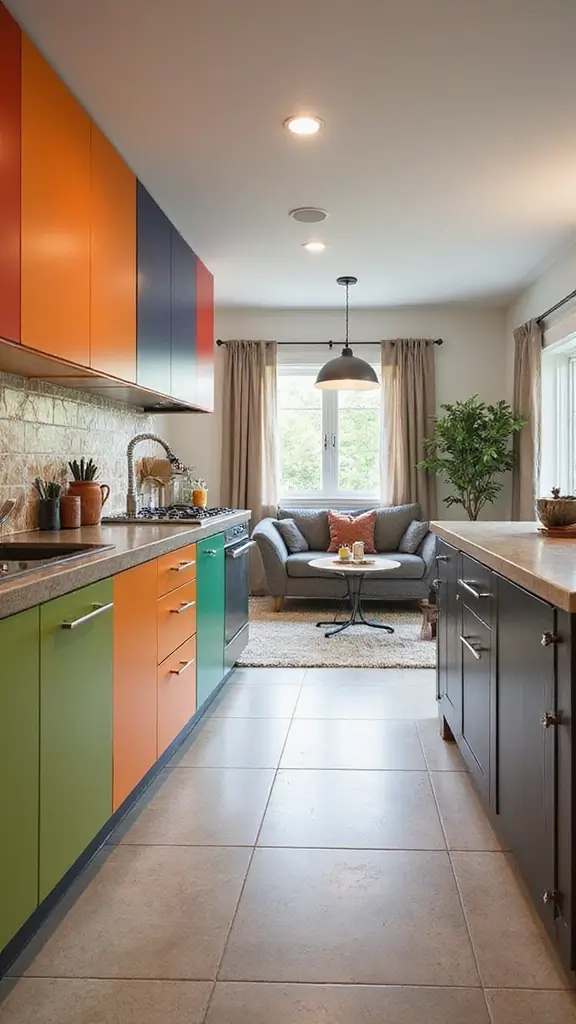 48 Home Decor Ideas Living Room and Kitchen Combos That Work - 38. Colorful Cabinetry