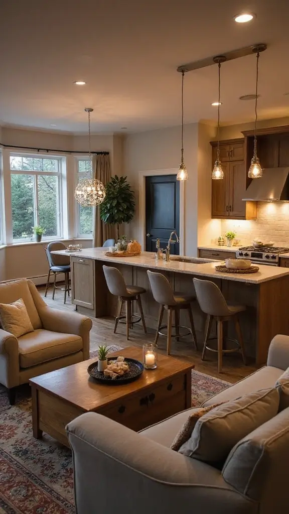 48 Home Decor Ideas Living Room and Kitchen Combos That Work - 5. Stylish Lighting Solutions
