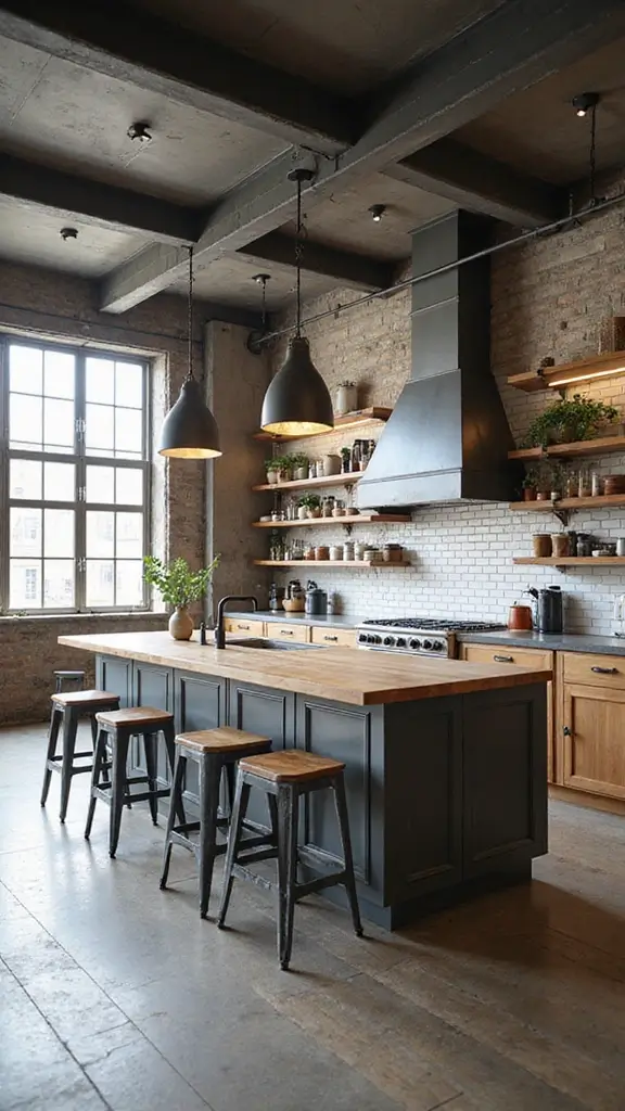 48 Kitchen Without Upper Cabinets Ideas That Feel Open - 8. Industrial Look with Metal Accents
