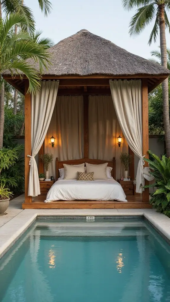 48 Pool House with Bedroom Design Ideas That Feel Luxe - 1. Elegant Canopy Bed Retreat