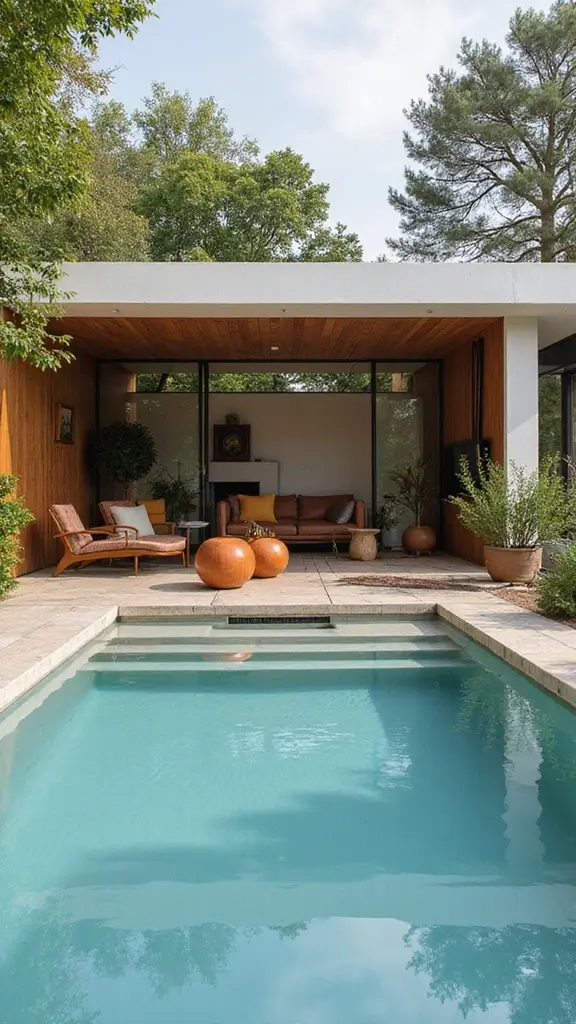 48 Pool House with Bedroom Design Ideas That Feel Luxe - 2. Mid-Century Modern Vibes