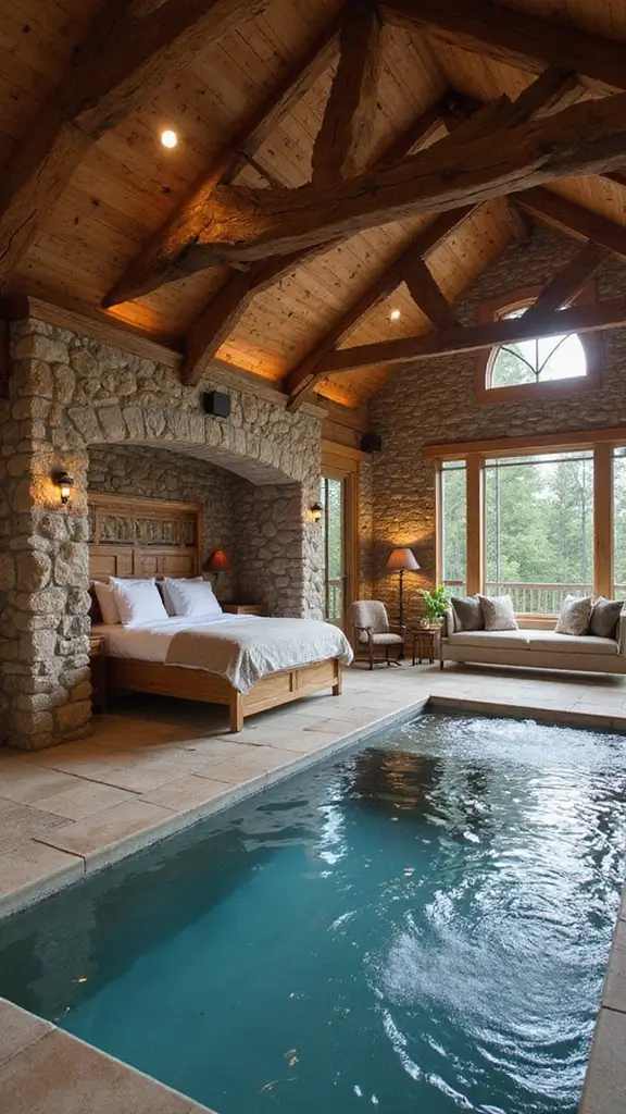 48 Pool House with Bedroom Design Ideas That Feel Luxe - 25. Rustic Lodge Feel