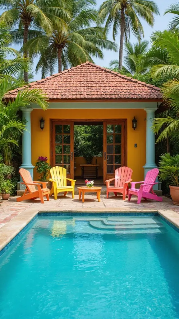 48 Pool House with Bedroom Design Ideas That Feel Luxe - 3. Tropical Oasis with Bright Colors