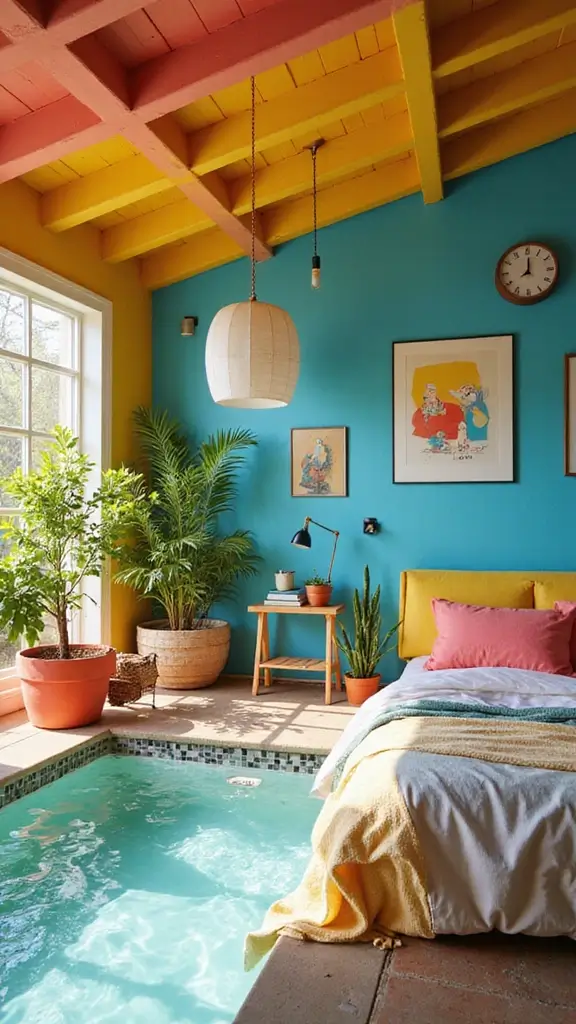 48 Pool House with Bedroom Design Ideas That Feel Luxe - 48. Dynamic Color Play