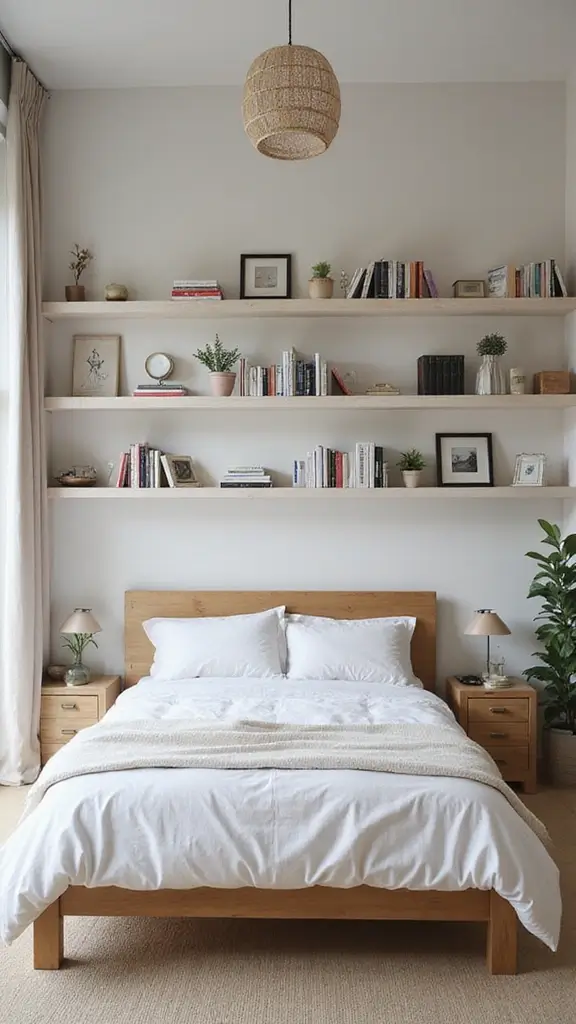 48 Rectangle Bedroom Layout Ideas That Feel Balanced - 40. Airy Open Shelving