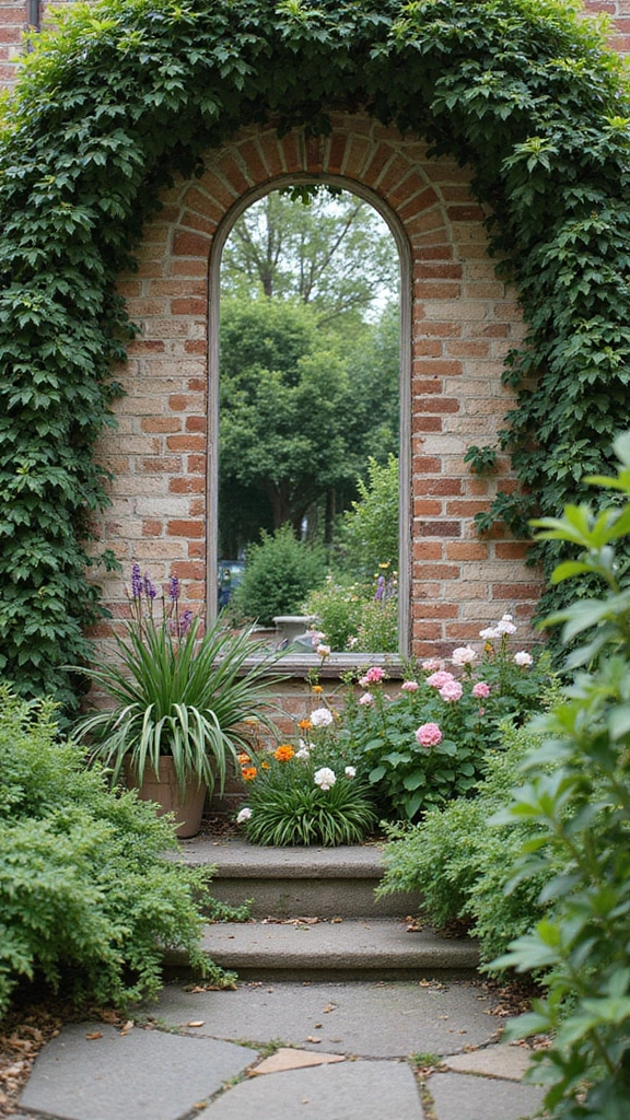 48 Terraced House Front Garden Ideas That Feel Charming - 14. Garden Mirrors: Visual Expansion