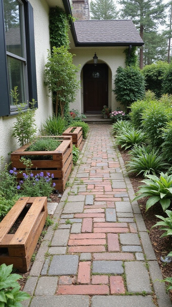 48 Terraced House Front Garden Ideas That Feel Charming - 21. Repurposed Materials: Eco-Friendly Design