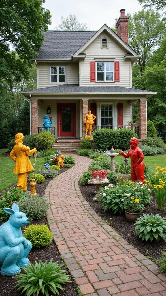 48 Terraced House Front Garden Ideas That Feel Charming - 23. Garden Art: Bold and Creative Expressions