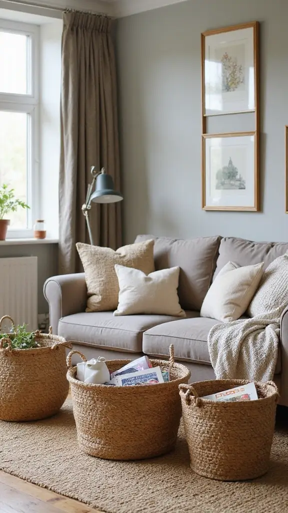 49 Home Decor Ideas for Apartment Living That Feel Stylish - 25. Hide Clutter with Stylish Baskets