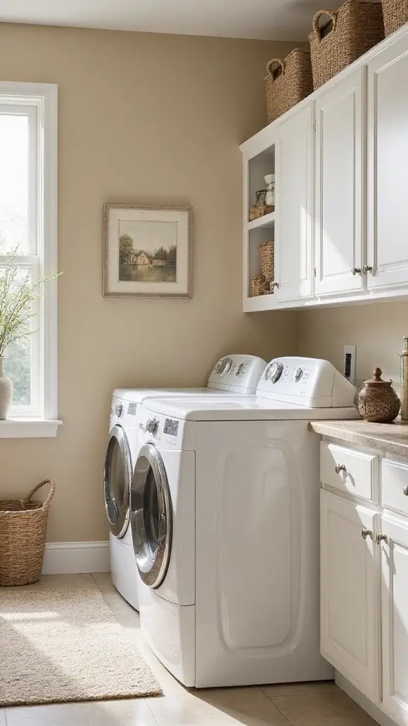 49 Laundry Room Paint Ideas That Make Small Spaces Pop - 28. Classic Beige and White