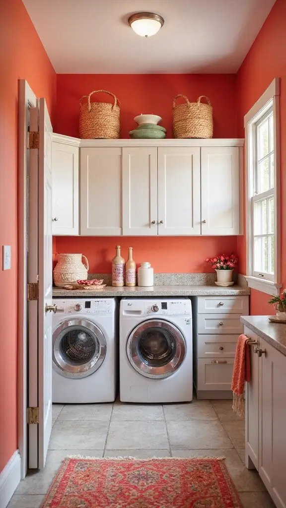 49 Laundry Room Paint Ideas That Make Small Spaces Pop - 32. Bright Coral