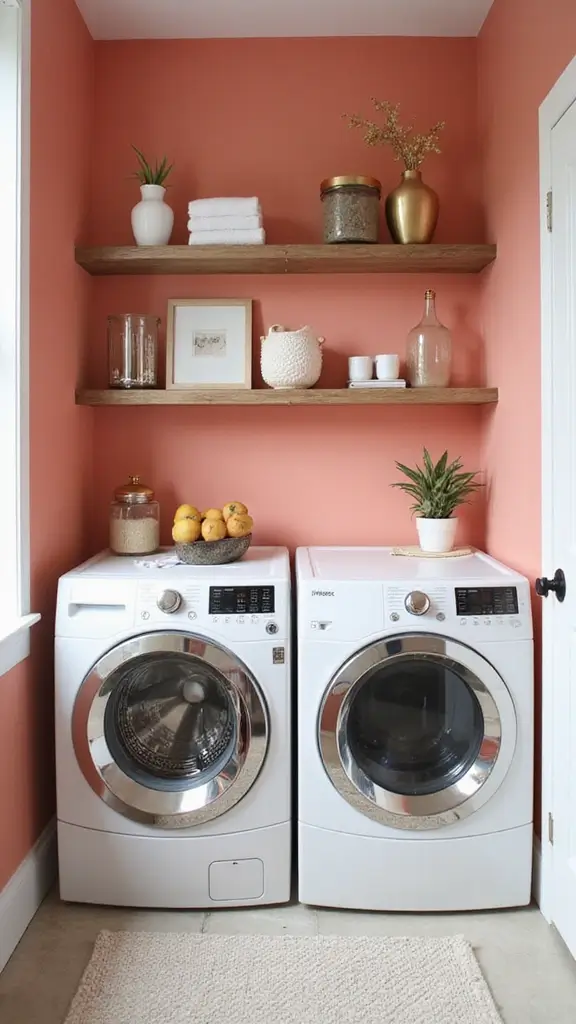49 Laundry Room Paint Ideas That Make Small Spaces Pop - 5. Bold Coral Accent