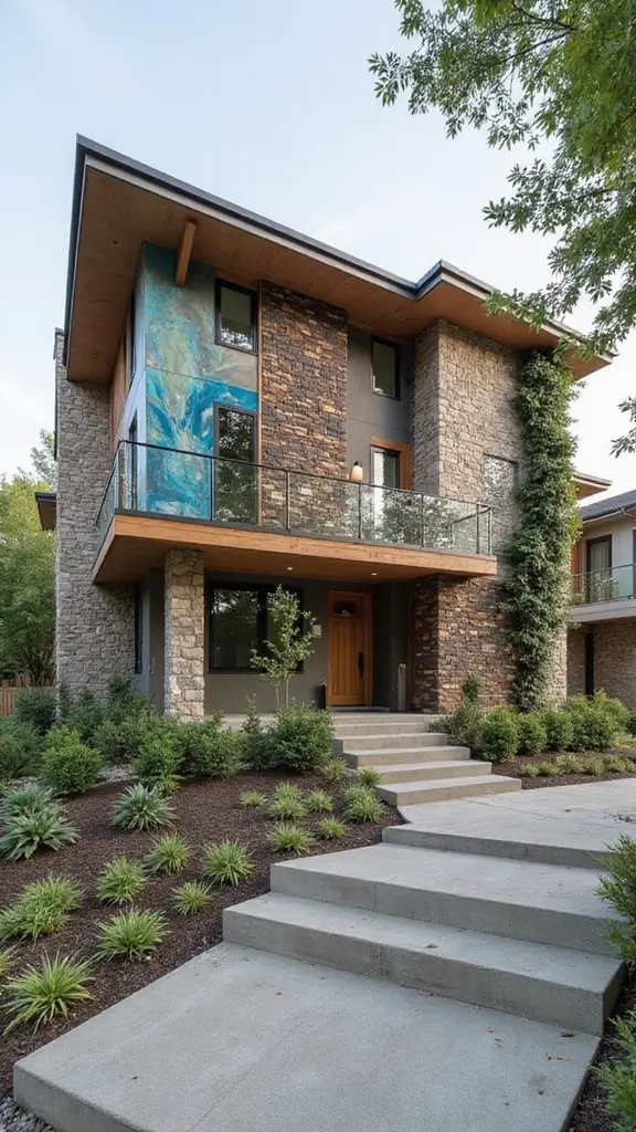 49 Modern Home Design Exterior Ideas That Turn Heads - 15. Artistic Wall Treatments for Visual Impact