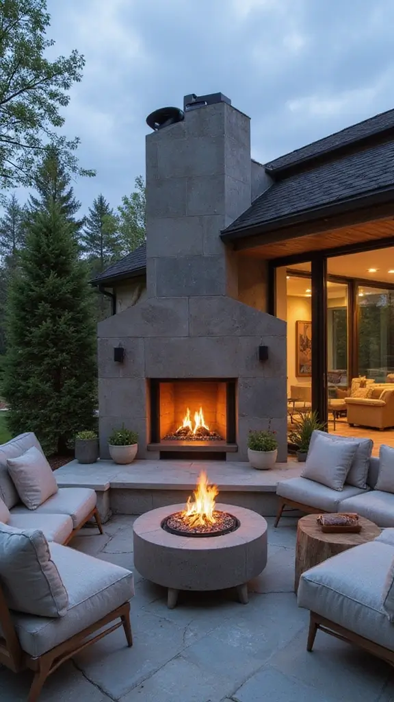 49 Modern Home Design Exterior Ideas That Turn Heads - 24. Outdoor Fireplaces for Year-Round Enjoyment