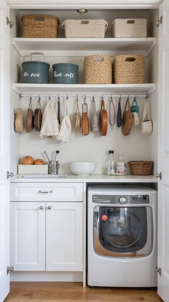 49 Pantry and Laundry Room Combo Layouts That Maximize Storage - 43. Smart Hooks and Hangers