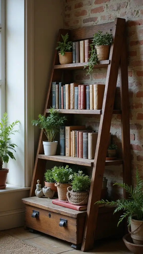 50 Antique Home Decor Ideas That Tell a Story - 2. Antique Ladder Book Display