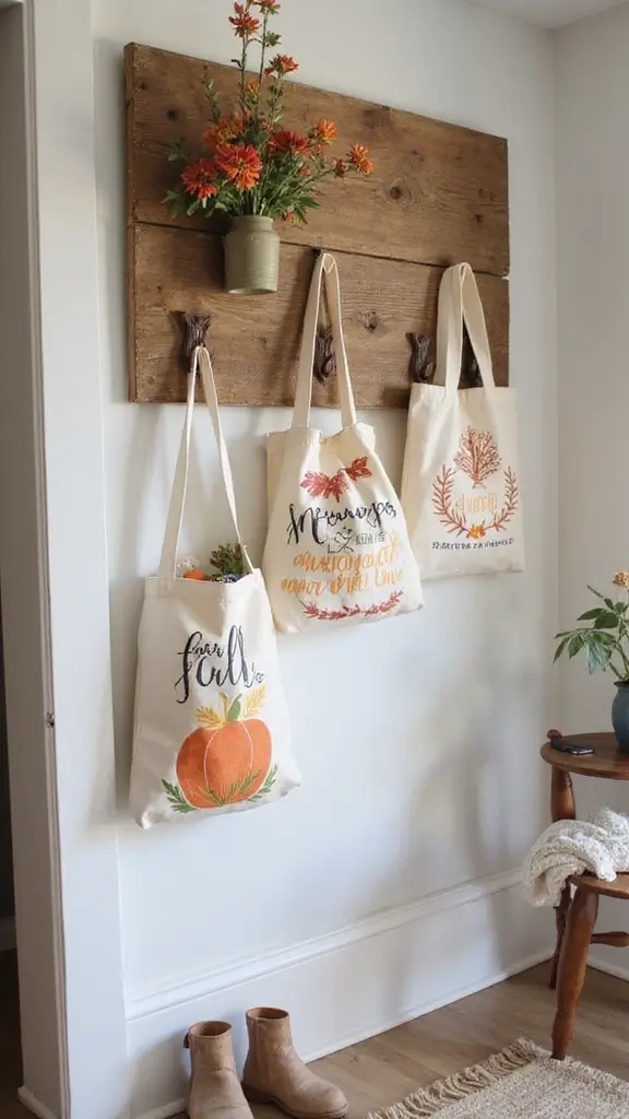 50 Fall Decor Ideas for the Home Farmhouse Vibes on a Budget - 43. Handmade Fall-Theme Tote Bags