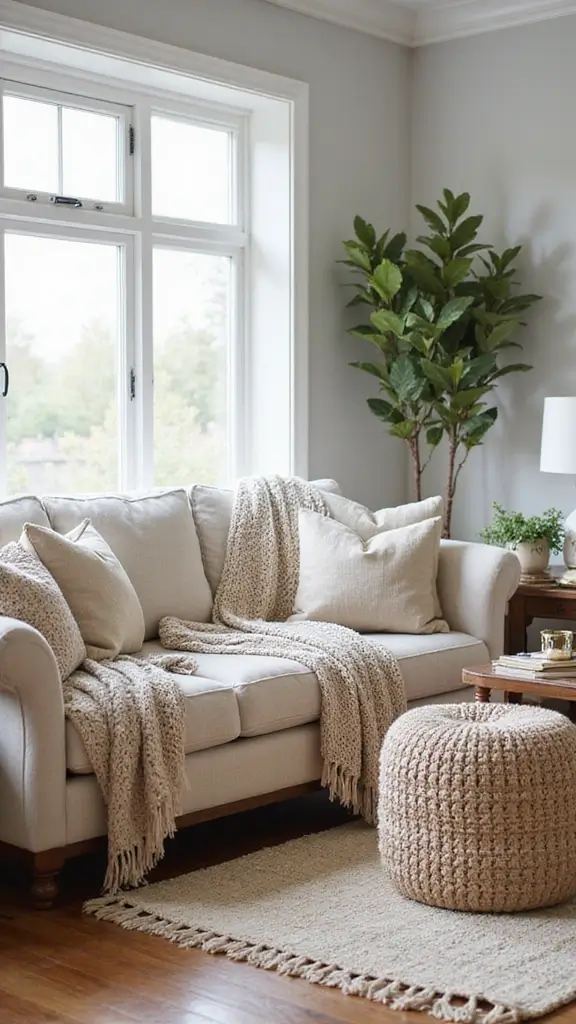 50 Home Decor Ideas Living Room Farmhouse Charm You’ll Adore - 3. Soft Textiles and Layering