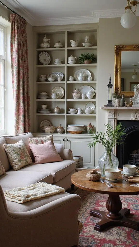 50 Modern Victorian Living Room Ideas That Mix Old & New - 37. Vintage Tableware as Decor