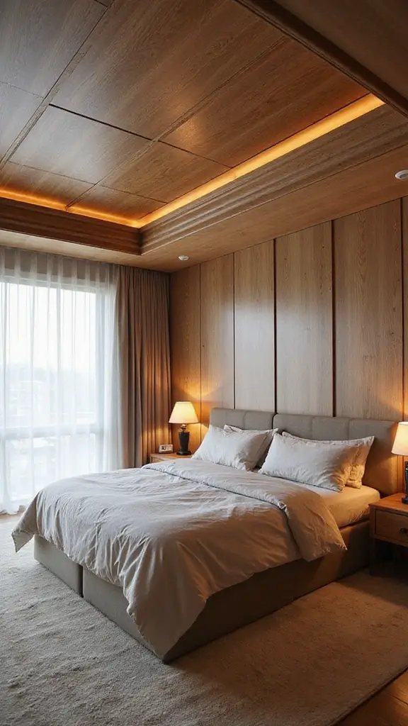 50 Simple False Ceiling Design for Bedroom Looks That Add Depth - 35. Layered Wood Panels