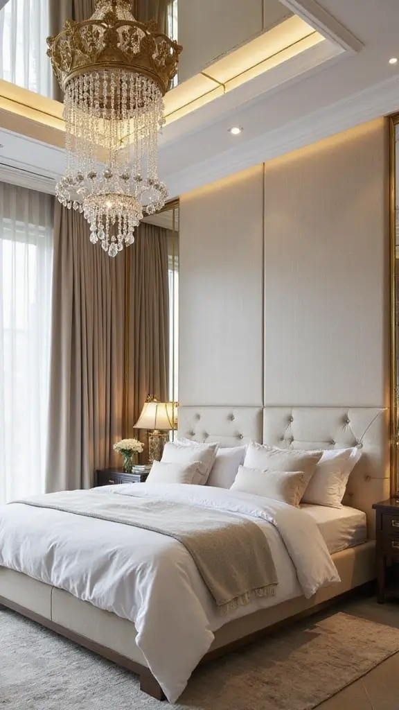 50 Simple False Ceiling Design for Bedroom Looks That Add Depth - 37. Ceiling with Crystal Accents