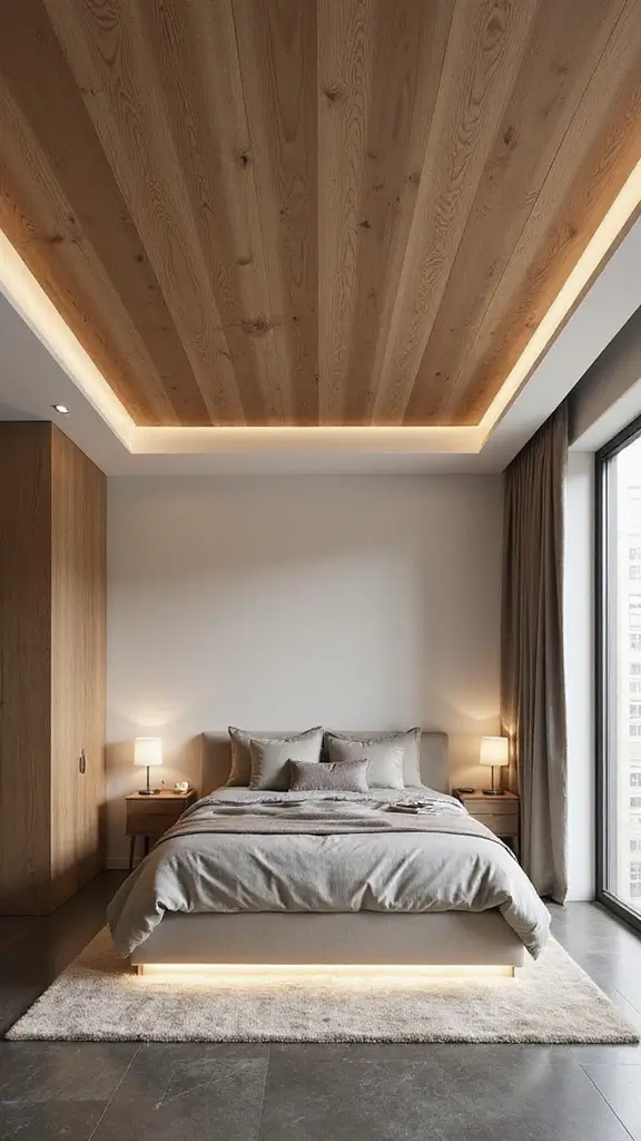 50 Simple False Ceiling Design for Bedroom Looks That Add Depth - 48. Textured Wood Laminate
