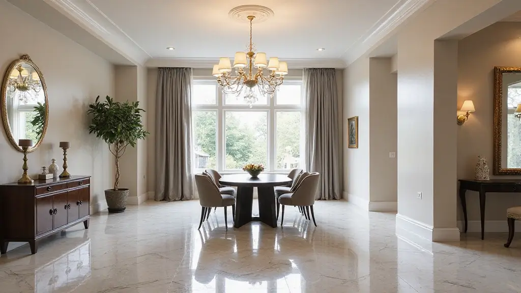 30 Glossy Porcelain Floors Reflect Chandeliers and Make 10×12 Dining Feel Twice Wider - Home by Maria Faller