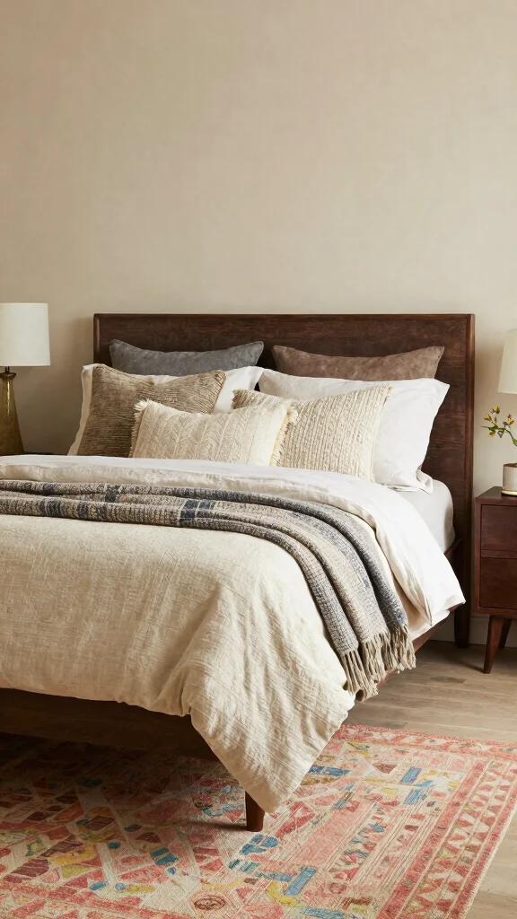 16 Beige Bedroom with Dark Wood Furniture Ideas to Transform Your Space - 14. Go Eclectic with Textiles 1