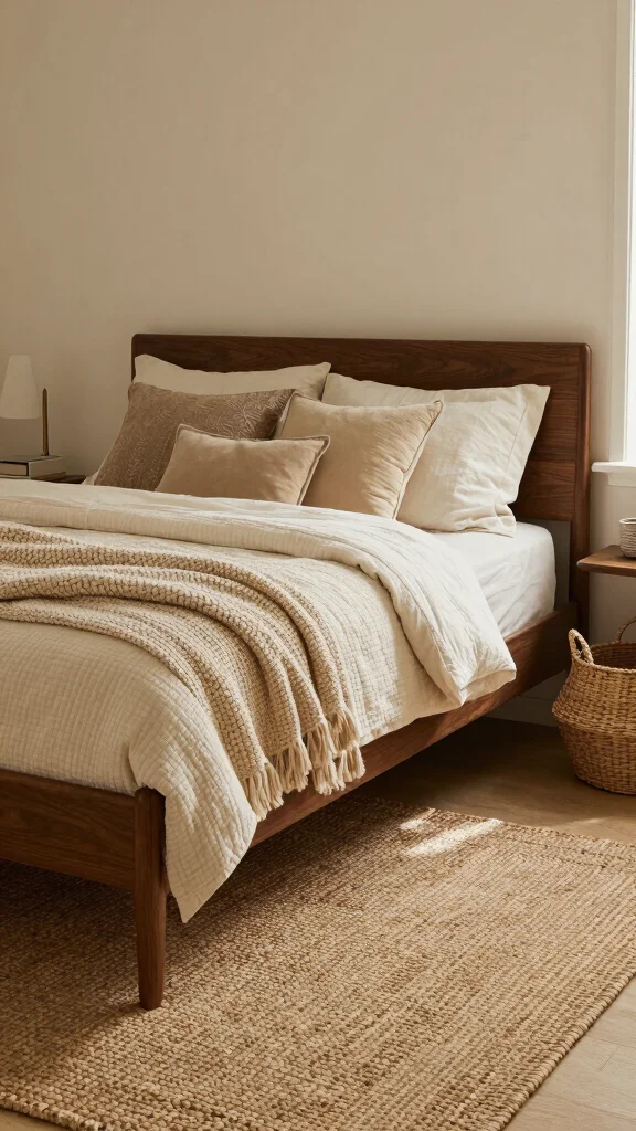 16 Beige Bedroom with Dark Wood Furniture Ideas to Transform Your Space - 3. Layering Textures 1