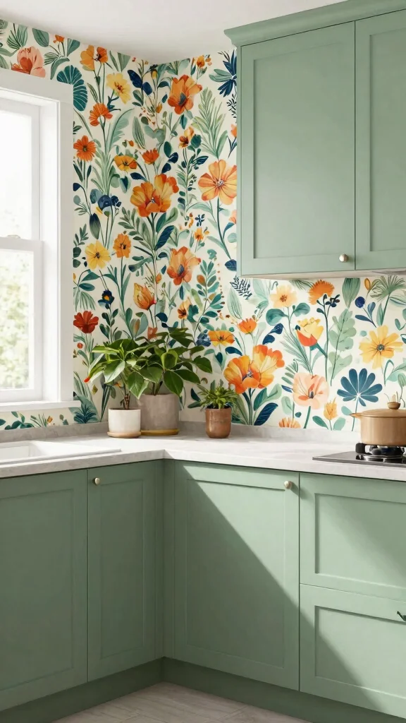 16 Best Backsplash Ideas for Sage Green Kitchen Cabinets - 10. Eco-Friendly Wallpaper 1