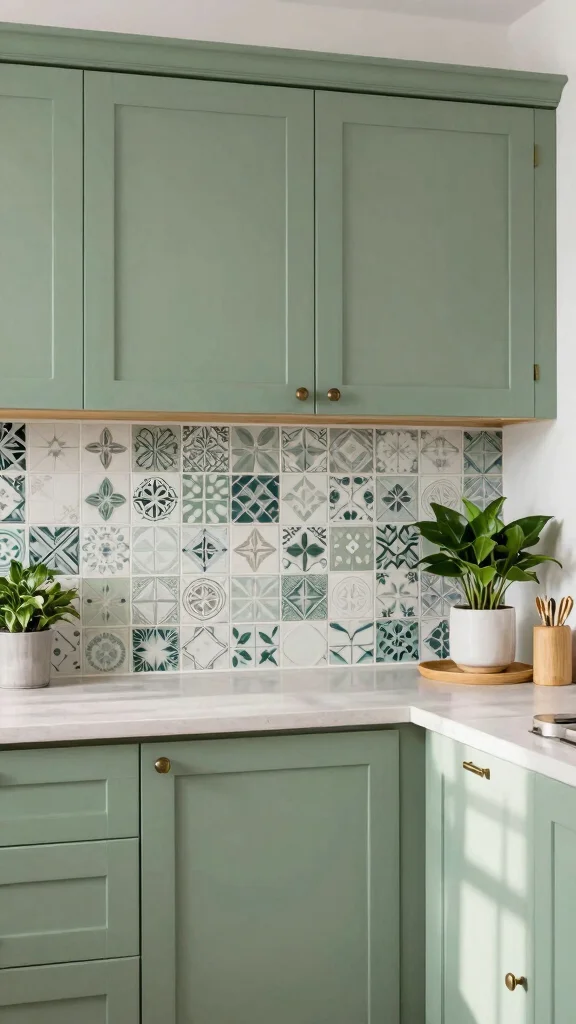 16 Best Backsplash Ideas for Sage Green Kitchen Cabinets - 13. Vinyl Tile Backsplash 1