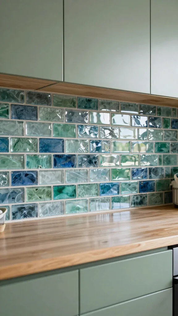 16 Best Backsplash Ideas for Sage Green Kitchen Cabinets - 2. Recycled Glass Tiles 1