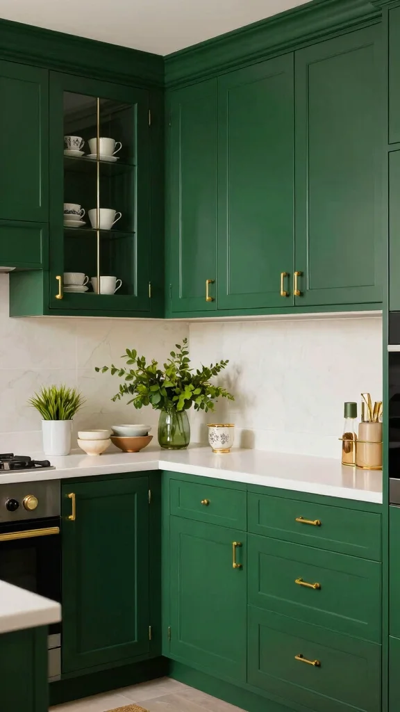 16 Dark Green and Gold Kitchen Ideas for a Rich, Luxe Look - 1. Dark Green Cabinets with Gold Hardware 1