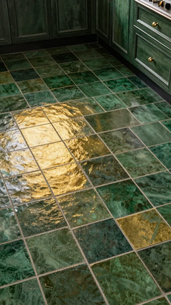 16 Dark Green and Gold Kitchen Ideas for a Rich, Luxe Look - 10. Dark Green and Gold Tile Flooring 1