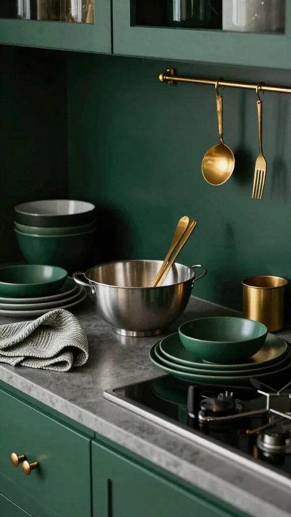 16 Dark Green and Gold Kitchen Ideas for a Rich, Luxe Look - 14. Dark Green Accessories and Gold Utensils 1