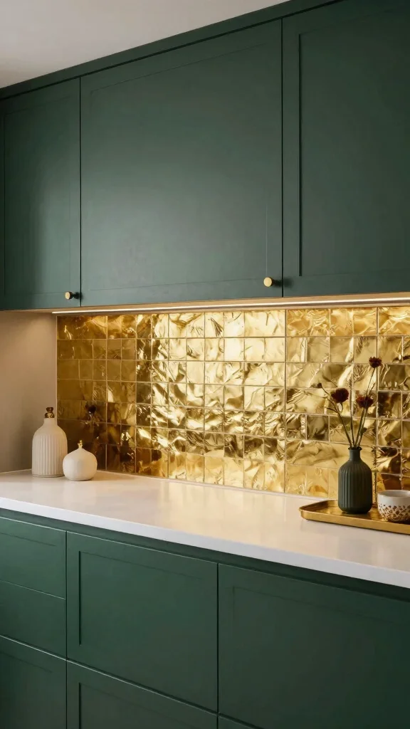 16 Dark Green and Gold Kitchen Ideas for a Rich, Luxe Look - 2. Gold Backsplash with Dark Green Elements 1