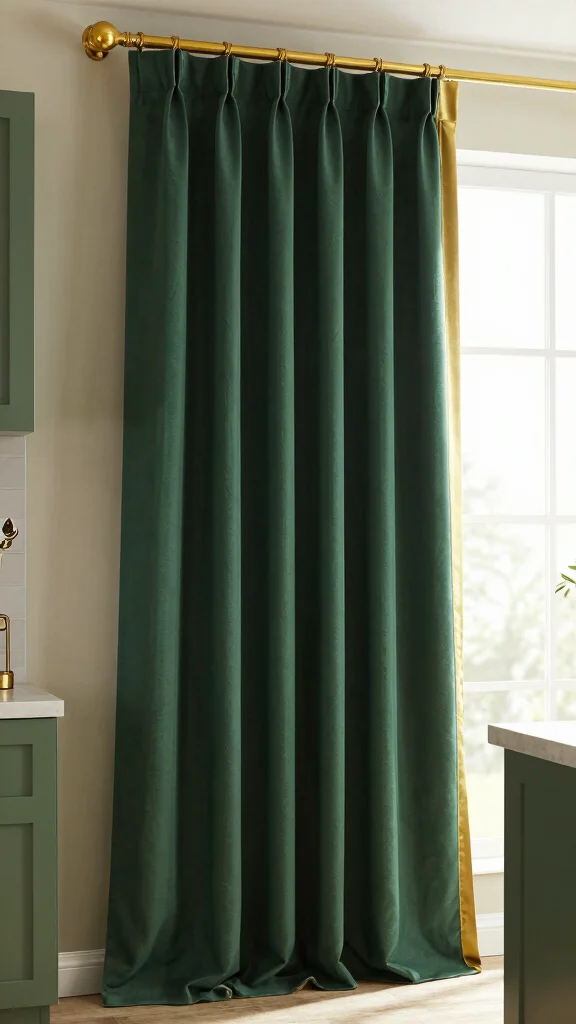 16 Dark Green and Gold Kitchen Ideas for a Rich, Luxe Look - 8. Dark Green Curtains with Gold Trim 1
