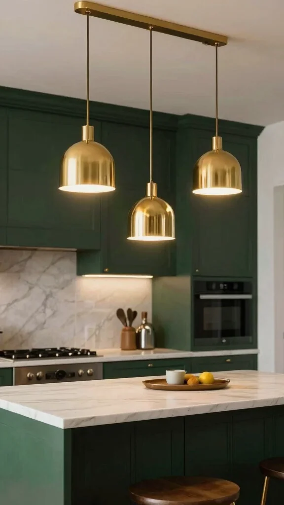 16 Dark Green and Gold Kitchen Ideas for a Rich, Luxe Look - 9. Gold Lighting Fixtures in Dark Green Kitchens 1