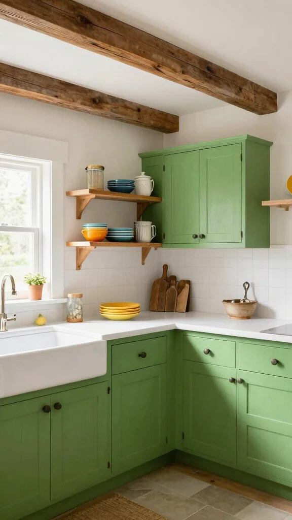 16 Green Cabinets with White Countertops: Perfect Color Harmony - 10. Bright Green and White Farmhouse Style 1